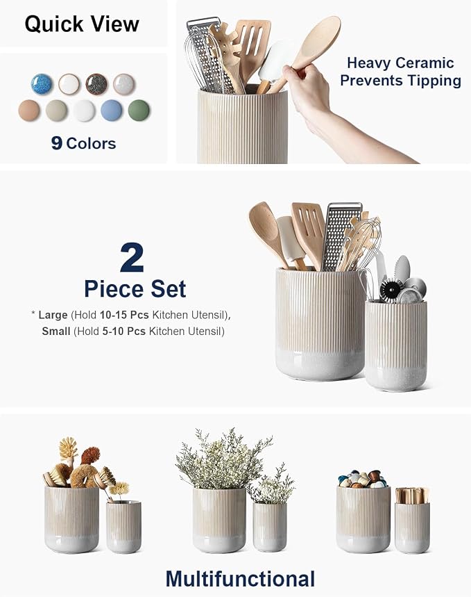 LE TAUCI Utensil Holder for Kitchen Counter, 7.3"+5.4" Fluted Ceramic Utensil Crock Organizer for Countertop, Heavy Large Holder for Spatulas, Spoons, Set of 2, Gray Marble