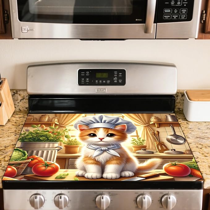 Nuxovilar Chef Cat Stove Cover Diatom Mud 20.47x28.34 In | Glass Protector Countertop Mat Counter Saver Cooktop Cover Kitchen Cooking Area Home Room (Chef Cat Illustration)