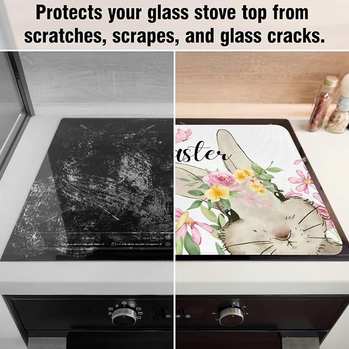 Happy Easter Glass Stove Top Covers for Electric Stove,Spring Bunny Rabbit Flowers Floral Cute Heat Resistant Cooktop Protector Non-Slip Washable Dish Drying Mat Rug Pad for Kitchen Decor 28"x20"