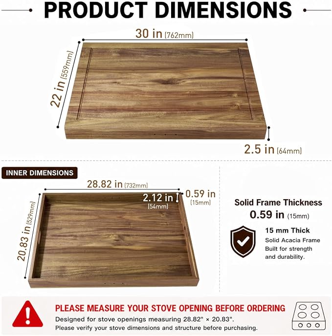 Buruis Acacia Wood Stove Cover for 28.82 x 20.83 Inch Gas & Electric Stoves | Noodle Board Design with Juice Groove, Extra Counter Space, Built-In Handles, Multi-Purpose Kitchen Serving Board