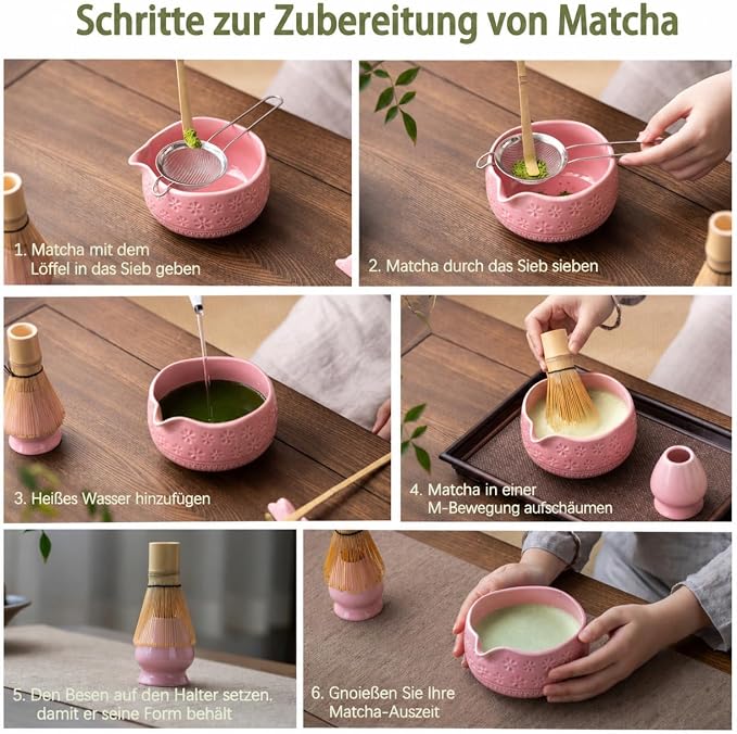 Buucup Matcha Whisk Set, Ceramic Matcha Kit with Bowl & Tools, Pink | 7-piece set includes ceramic bowl, bamboo whisk, scoop, holder, rest, sifter and tea towel for easy matcha making at home.