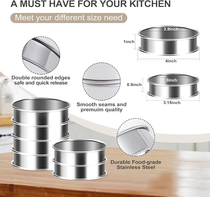 8Pcs Crumpet Rings, 4 & 3.15 Inches Nonstick English Muffin Rings, Stainless Steel Double Rolled Tart Ring, Round Metal Pastry Ring Molds for Baking Cake Dessert Food Making Tool