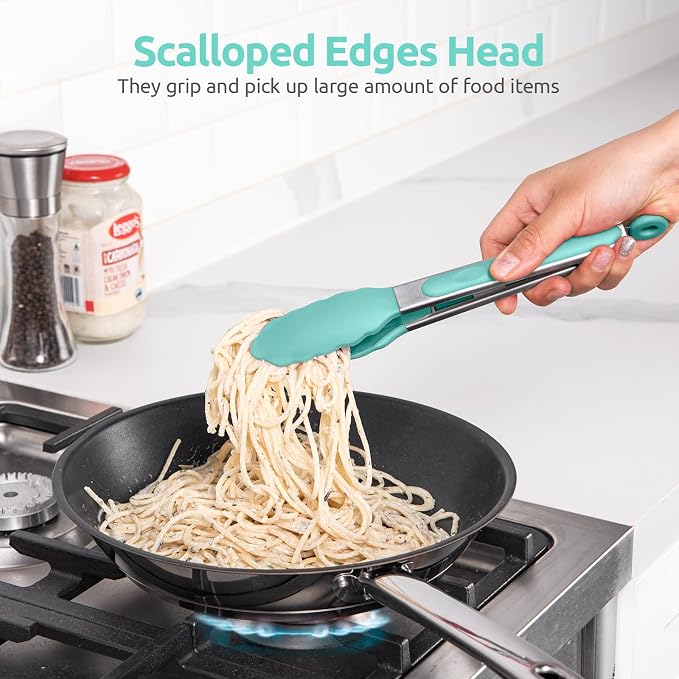 U-Taste Kitchen Tong for Cooking, 600ºF Heat-Resistant Tps, 9in/Aqua Sky | Rubber Tong for Serving Food, Salad/Grill/BBQ/Steak/Pasta Silicon Tongs, 18/8 Stainless Steel Handle & Smooth Locking