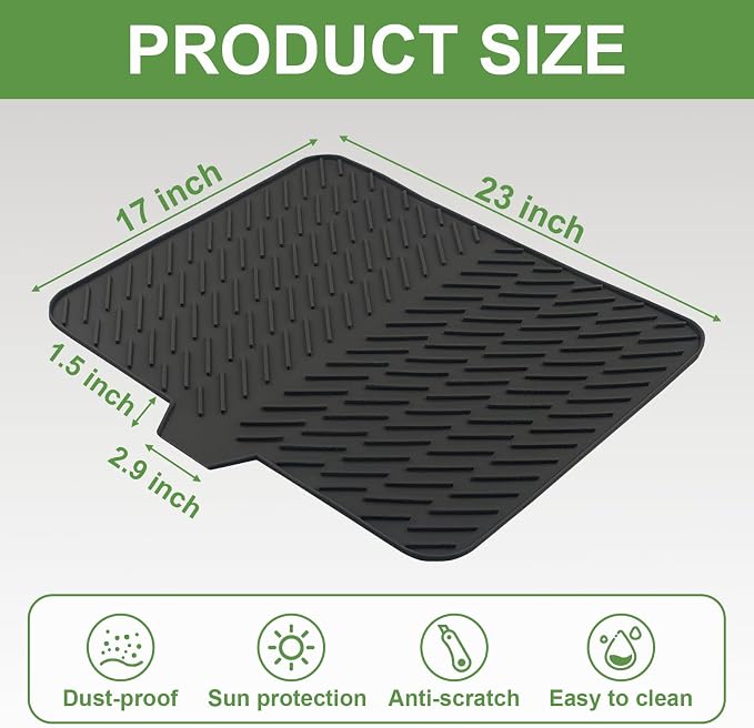 Silicone Dish Drying Mat for Kitchen Counter, Black-1pcs, 23" x 17" | Heat Resistant & Non-Slip Dish Drain Pad with Built-In Drain, Dishwasher Safe, Quick-Dry, Hangable & Roll-Up for Storage