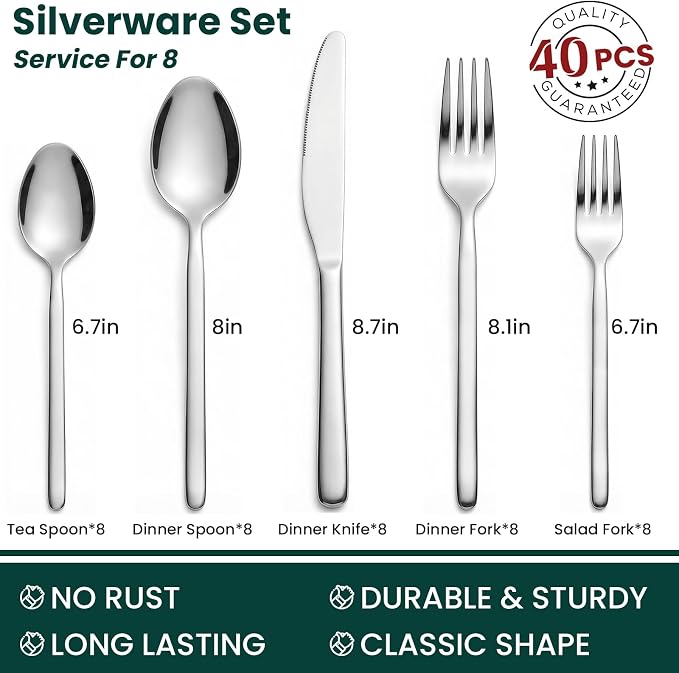 Hiware Premium 40-Piece Silverware Set for 8, Stainless Steel Flatware Cutlery Set with Forks, Knives, Spoons, Durable and Elegant Design Utensils Tableware - Heavy Duty, Dishwasher Safe