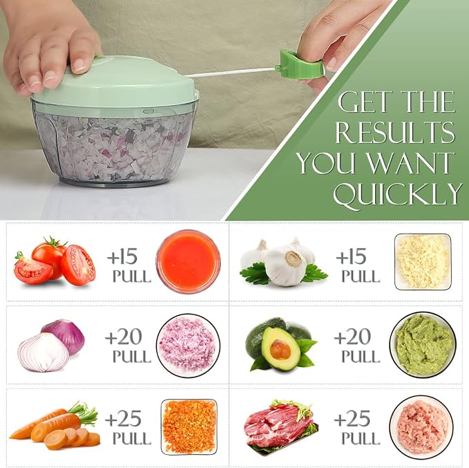 Ourokhome Manual Food Processor Vegetable Chopper, Portable Hand Pull String Garlic Mincer Onion Cutter for Veggies, Ginger, Fruits, Nuts, Herbs, etc., 500ml, Green