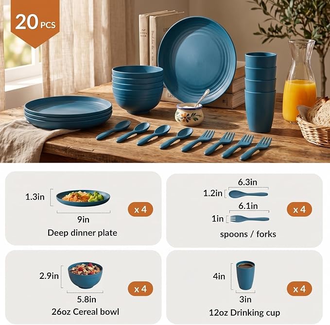 Wheat Straw Dinnerware Sets, Homienly 20pcs Unbreakable Microwave Dishwasher Safe Tableware Lightweight Bowls, Cups, Plates Set Reusable Dinner Plates Bowls set (Blue)