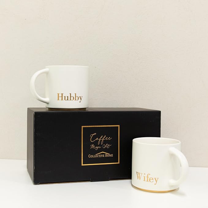 COLLECTIVE HOME Hubby & Wifey Ceramic Coffee Mug Set, 15oz, 2-Piece | Luxury Wedding Gift for Couples, Elegant Coffee Cups for Newlyweds, Anniversary & Engagement Gift, Gift Box Set