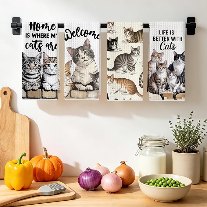 4 Pcs Cute Cat Kitchen Towels 24x14 Inch, Cats Gifts Absorbent Hand Towels | Cat Lover Gifts for Women Mom Microfiber Dish Cloths for Drying Dishes, Waffle Dish Towels for Kitchen Home Decor