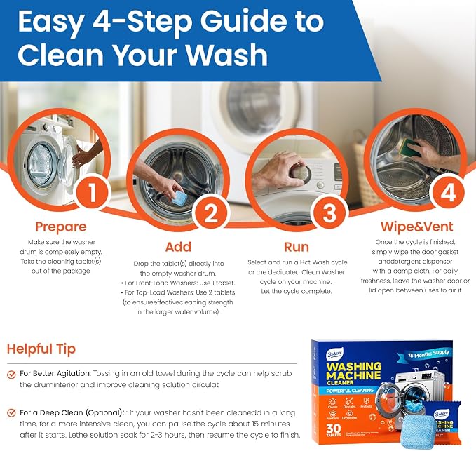 Washing Machine Cleaner tablets, 30 Count - 15 Month Supply, Deep Cleaning Deodorizer for HE Front & Top Loader Laundry Washer, Cleans Inside Drum Pump Valve Hoses, Septic Safe, Lemon Secent
