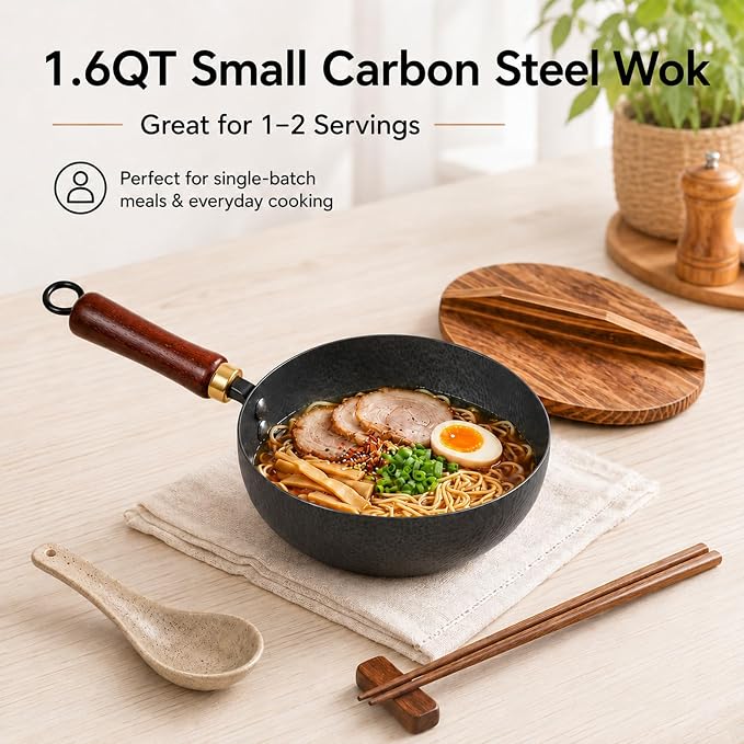 7.8-Inch Small Carbon Steel Wok with Wooden Lid, 1.6QT | Cold-Forged Flat Bottom, Coating-Free Carbon Steel, Induction Ready, Compact Size for Eggs, Ramen, Soup and Oatmeal