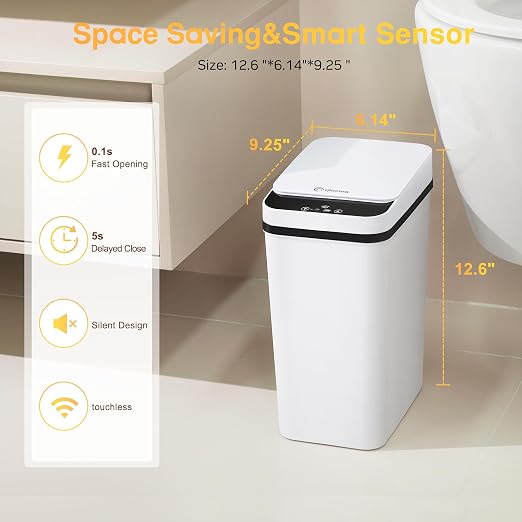 Bathroom Trash Can Automatic Touchless 2.6 Gallon Small Smart Trash Cans with Lid Slim Garbage Can for Kitchen, Toilet, Bedroom, RV, Living Room