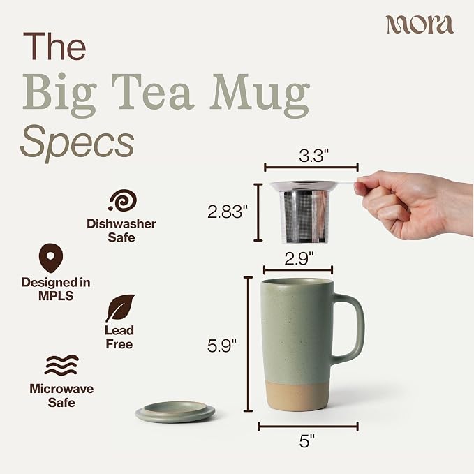 Mora Ceramics Large Tea Mug with Loose Leaf Infuser and Ceramic Lid, 18 oz, Portable, Microwave, Dishwasher Safe, Tall Coffee Cup - Rustic Matte Ceramic Glaze, Modern Herbal Tea Strainer, Thyme