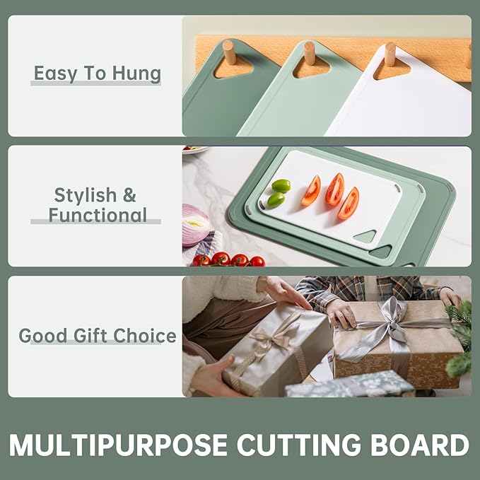 Plastic Cutting Board Set of 3-Cutting Boards for Kitchen BPA Free | Large-Small Chopping Boards, Non-Slip for Cooking, Dishwasher Safe, Camping, Portable, with Grip Handle, Sage Green