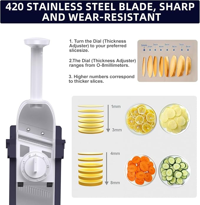 Safe Mandoline Slicer for Kitchen, Professional Vegetable Potato Slicer | 0.1-8 mm Adjustable Thickness, Food Chopper French Fry Cutte, Mandolin, Chopping Artifact Fast Veggie (just Slice, DeepBlue)