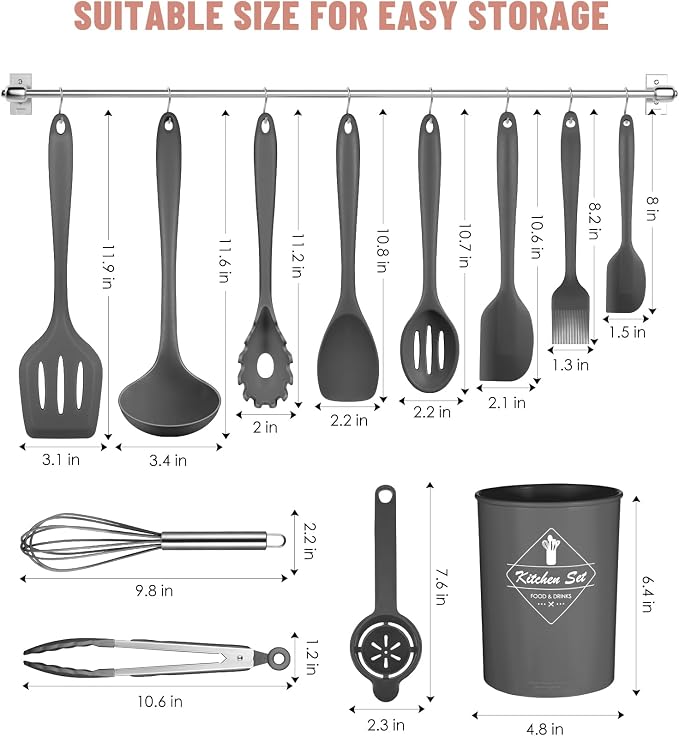 Gray Kitchen Utensils Set-12 Pieces Silicone Cooking Utensils Set | Dishwasher Safe 392°F Heat Resistant Spatula Set Kitchen Utensil Set for Nonstick Cookware,Best Kitchen Tools with Holder