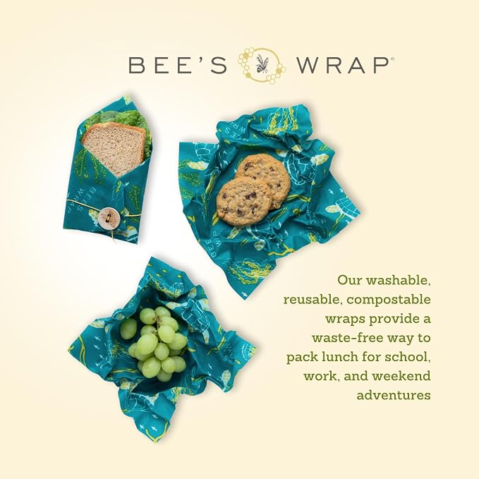Bee's Wrap Beeswax Food Wraps, 2 Medium & Sandwich Pack - Ocean | Organic Beeswax Wraps - Plastic Free - Reusable Food Storage - Lunches & Leftovers - Made in USA