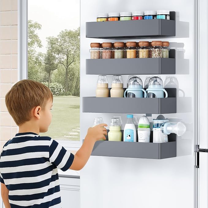 Mystozer Magnetic Spice Rack for Refrigerator, Kitchen Organizer and Storage Shelf, Grey(2 Pack)
