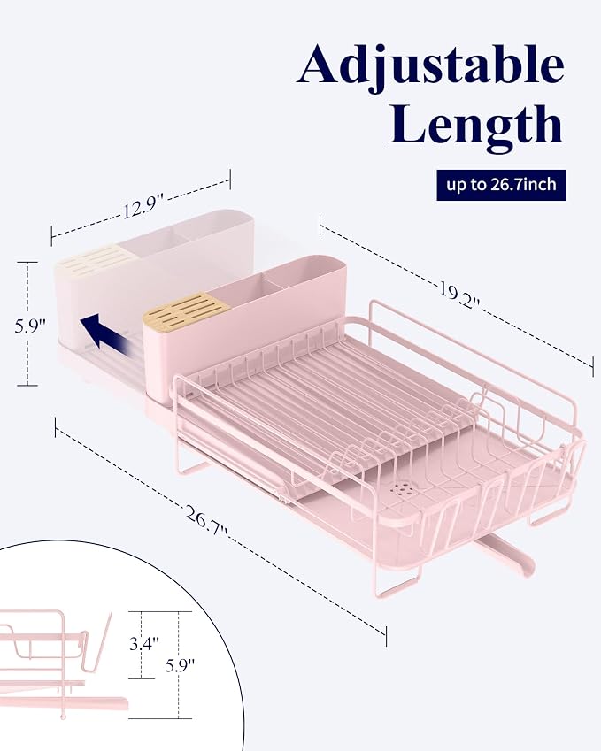 Kitsure Extendable Dish Drying Rack, 19.2"-26.7" L x 12.9" W, Pink | Large Dish Rack, Multifunctional Dish Rack for Kitchen Counter, Anti-Rust Dish Drainers with Cutlery & Cup Holders