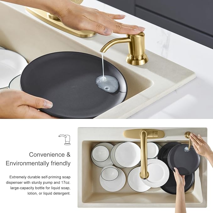 Dish Soap Dispenser for Kitchen Sink, 17 oz Bottle, Brushed Gold | Refills From The Top, No-Leak ABS Pump, DIY Installation, 360° Swivel, Fits 1–1.5 in Sink Holes; for Dish Soap or Lotion