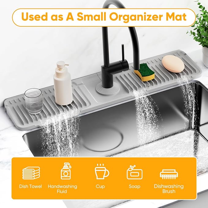 24'' Folding Faucet Mat for Kitchen Sink Splash Guard[7° Slope Fast Self-draining][Snap Lock Fit] Kitchen Sink Faucet Mat Splash Guard Kitchen Sink Area Water Splash Guard Behind Faucet Draining Mat