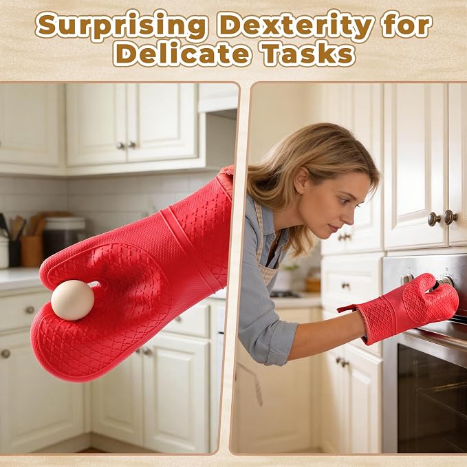 Heat Resistant Silicone Oven Mitts, Up to 500°F Protection for Baking & Grilling, 1 Pair (Red, Extra Thick)