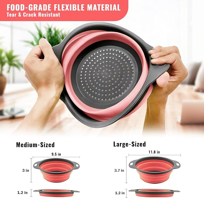2 Pack Collapsible Silicone Colander with Handle, Over Sink Foldable Food Strainer, BPA-Free Space Saving Drain Basket for Vegetables, Fruits, Pasta, Kitchen & Camping (Red)