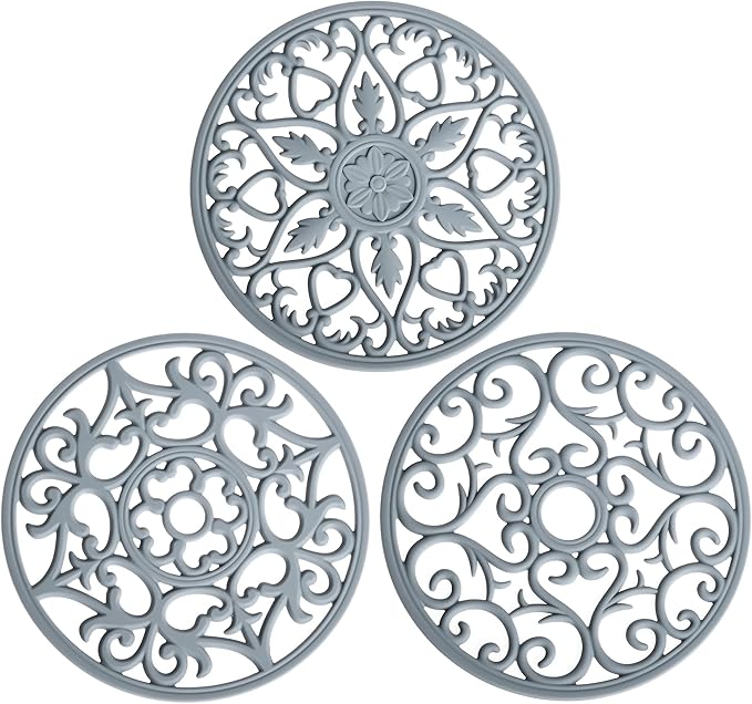 Silicone Trivets for Hot Dishes, Pots & Pans, Hot Pads for Kitchen, Non-Stick Silicone Pot Holders Trivet Mat for Counter, Carved Heat Resistant Mat Countertops &Table Grey Set 3