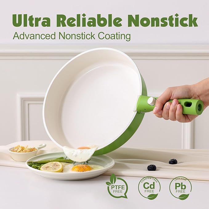 SENSARTE 17 Piece Ceramic Detachable Handle Pots and Pans Set Green | Ceramic Cookware Set, Induction Cookware Set with Removable Handle, Healthy Non Stick for RV, Dishwasher ＆ Oven Safe
