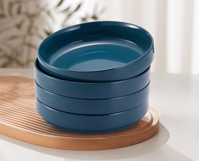 KooK Pasta Bowl, Bowl Plate, Low Bowl, Plate Bowls, Ceramic Large Shallow Bowls, Microwave and Dishwasher Safe, Great for Soups and Salads, Glossy Porcelain, 47 oz, Set of 4, Teal