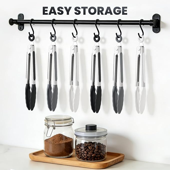 6PCS 7-Inch Silicone Tongs Set, Stainless Steel Tongs with Silicone Tips | Heat-Resistant Small Tongs For Cooking, Serving, Grilling | Dishwasher Safe | Black/White/Gray