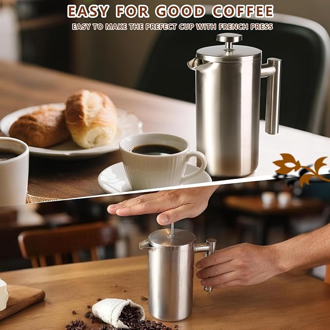 French Press 34 oz, Full Stainless Steel French Press Coffee Maker 4 Cups | Upgraded Double-Walled Insulated French Coffee Presses, Food Grade Good for Kitchen Camping, Dishwasher Safe 2 More Filters