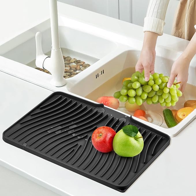 TIKNIK Silicone Dish Drying Mat for Kitchen Counter, Black-2pcs, 16" x 12" | Heat Resistant & Non-Slip Dish Drain Pad with Built-In Drain, Dishwasher Safe, Quick-Dry, Hangable & Roll-Up for Storage