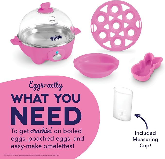 PEEPS & Dash Rapid Egg Cooker, Bunny Omelette Mold, Pink | Electric Egg Poacher, Boiler, Steamer & Omelette Maker Machine, Soft or Poached Eggs for Breakfast, Auto Shut-Off, BPA-Free