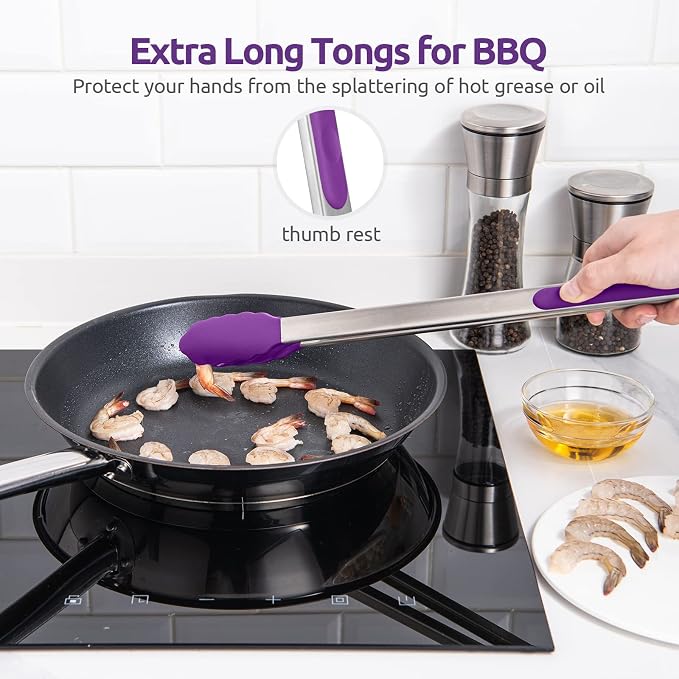 U-Taste Kitchen Tong for Cooking, 600ºF Heat-Resistant Tps, 16in/Purple | Extra Long BBQ Tongs, Large Tong for Grilling/Grabbing, Big Thong with Nonstick Silicone Tps & 18/8 Stainless Steel Handle