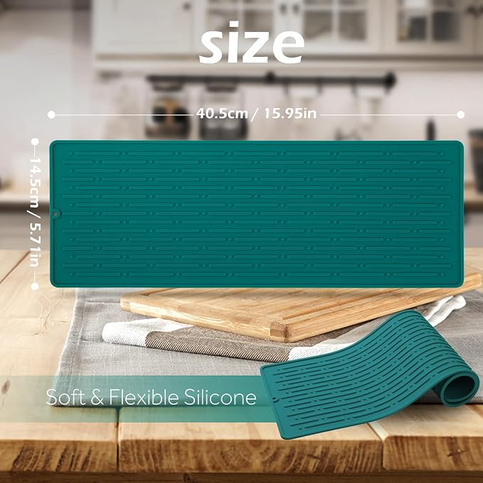 Dish Drying Mats, Heat-resistant Silicone Mat for Kitchen Counter, Non-Slip Dish Dry Mat Dishwasher Safe Large, Turquoise