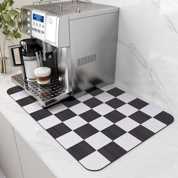 AMOAMI Dish Drying Mat for Kitchen Counter-Coffee Mat Bar Accessories, Hide Stain, Rubber Backed, Absorbent, Fit Under Coffee Maker, Espresso Machine, Pot, Dish Rack,(12x19,Buffalo Black)