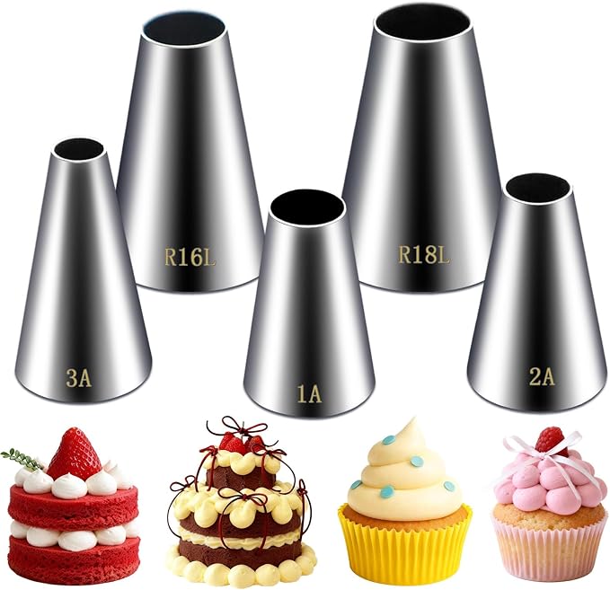 Hendiy 5 Pieces Large Round Piping Tip Set, Stainless Steel | Professional Cake Decorating, Frosting Tip, For Cupcakes Cakes Cookies