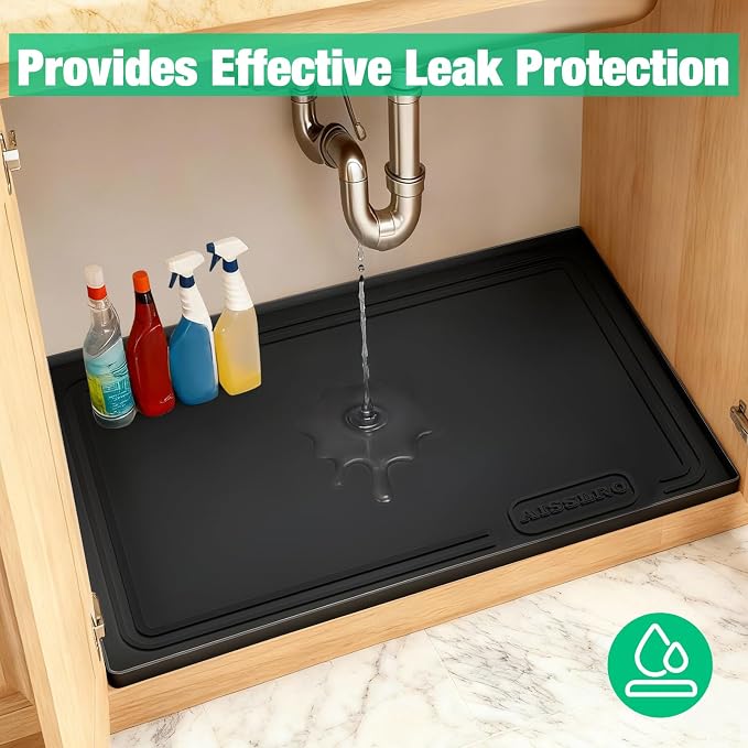 Under Sink Mat 28 X 19, Waterproof Silicone Cabinet Kitchen Liner, Black | BPA-Free Raised-Edge Cabinet Protector & Leak Tray for Bathroom Cabinets, Boots, Pet Feeding Dog & Cat Mats, Dishwasher Safe