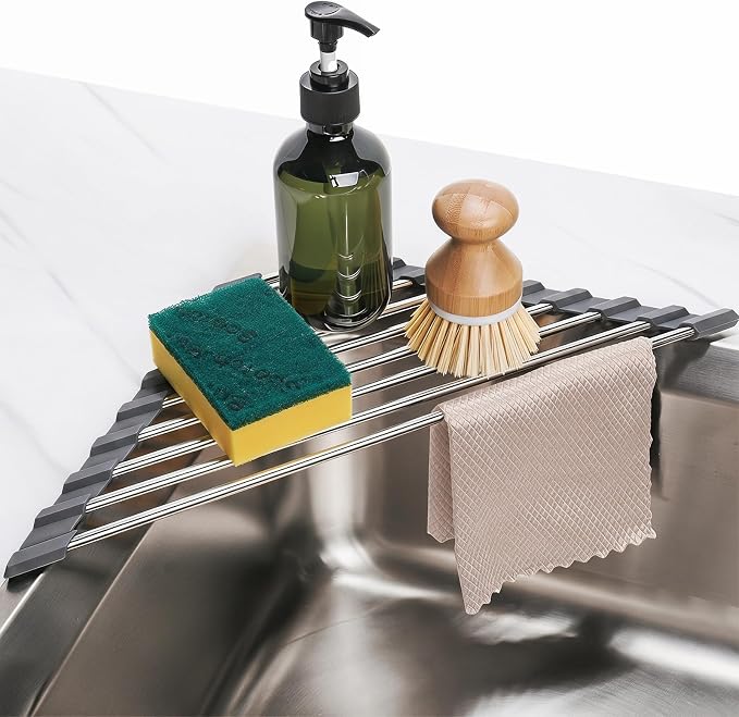 Tomorotec Triangle Roll Up Dish Drying Rack 304 Stainless Steel Dark Gray | BPA-Free Food-Grade Silicone Edges Foldable Waterproof Rustproof Heavy-Duty Space Saver Heat Resistant to 550°F