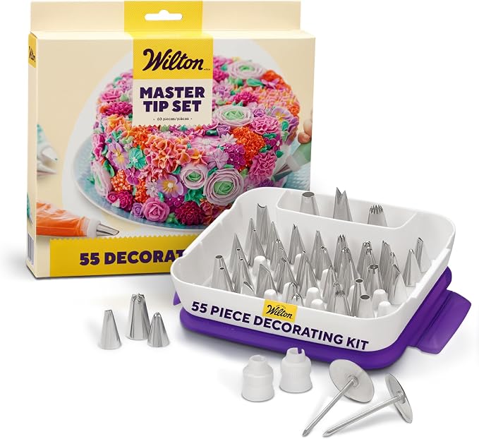 Wilton Master Cake Decorating Piping Tips Set, Cupcake Decorating, 55-Piece | 55-Piece Stainless Steel Tip Set with Storage Case for Piping Rosettes, Stars, Leaves & Borders on Cakes & Cupcakes