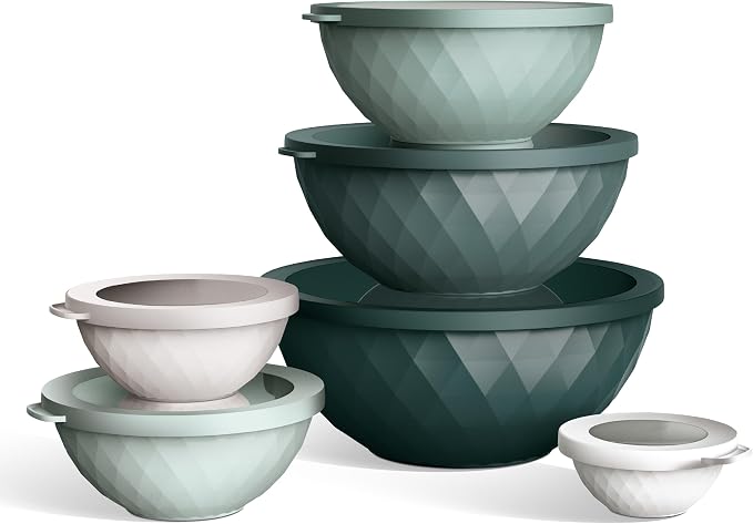 COOK WITH COLOR Mixing Bowls with Lids - 12 Piece Plastic Nesting Bowls Set includes 6 Prep Bowls and 6 Lids, Microwave Safe Mixing Bowl Set, Green Diamond