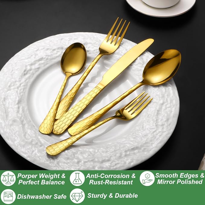 40 Pcs Gold Silverware Set for 8, Food Grade Stainless Steel Flatware Set, Eating Utensils Sets Include Fork/Knife/Spoon, Reusable Cutlery Set for Home Kitchen, Dishwasher Safe, Round Hammered