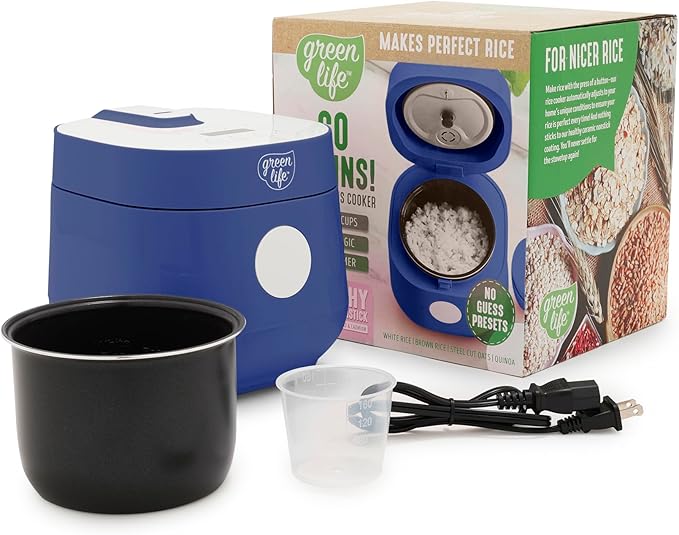 GreenLife Digital Rice Cooker, 2-Cups Uncooked/4-Cups Cooked, Navy Blue | PFAS-Free Ceramic Nonstick Coated 1.5QT Pot, One-Touch Presets, Oats, Quinoa, Brown Rice, Auto Warming, Fuzzy Logic Tech