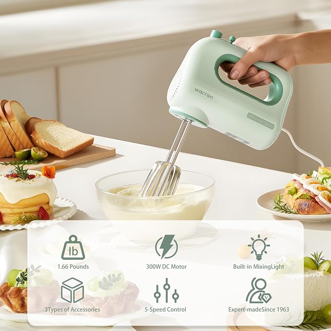 300W Compact Lightweight Electric Hand Mixer, with Powerful Quiet DC Motor for Baking, Cake, Brownies, Cookie Dough, Ideal for Home Kitchen (Green)