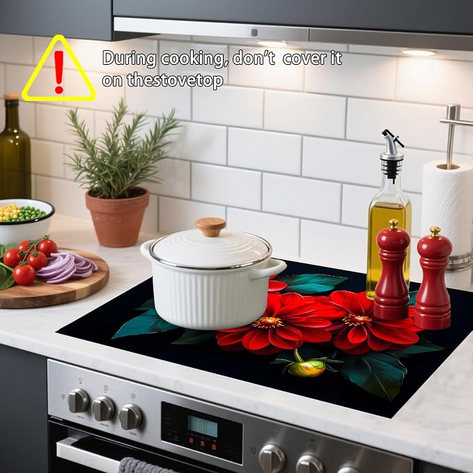 Nuxovilar Stove Top Cover Cooktop Mat 28.3x20.4in Polyester Diatom | Electric Guard Range Countertop Pad Burner Protection Sheet Kitchen Decor Cooking Area Home Accent (Red Dahlia)