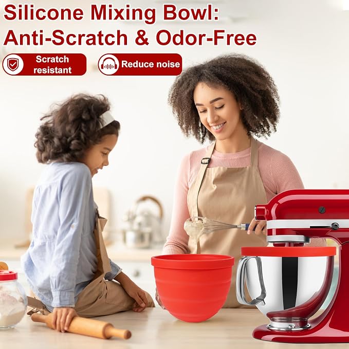 Silicone Bowl Liners Compatible with KitchenAid 4.5 & 5 Qt Tilt-Head Stand Mixer, 2 Pack Bowl Inserts with Lids, Food-Grade BPA-Free Nonstick Reusable Mixer Bowl Liners