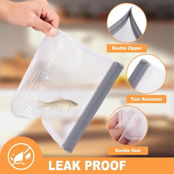 Serfeymi 10 Pack Reusable Gallon Freezer Dishwasher Safe, Extra Thick Reusable Plastic Bags BPA Free, Leak Proof Food Storage Bags with 3 Sizes for Meat, Travel, Fruit - 3 Gallon 4 Sandwich 3 Snack