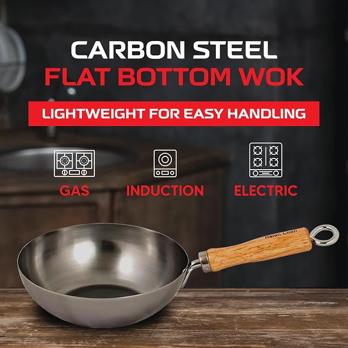 Helen's Asian Kitchen Carbon Steel Mini Wok, 8-Inch, Flat Bottom Chinese Stir Fry Pan With Rubberwood Handle For Single-Serve Stir Fry, Fried Rice, Noodles, And Asian Cooking