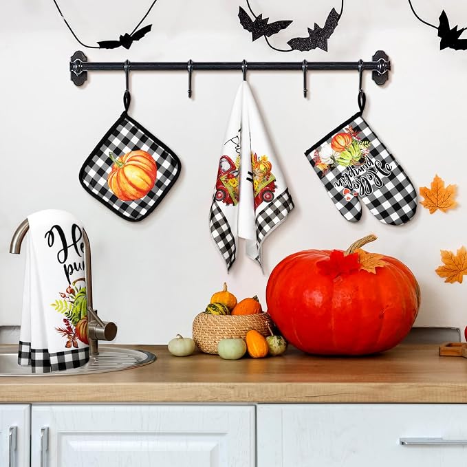 Leinuosen 6 Pack Fall Thanksgiving Kitchen Set with 2 Hello Pumpkin Dish Towels, 2 Buffalo Plaid Pot Holders and 2 Car Oven Mitts for Gifting, Baking, and Cooking Accessories